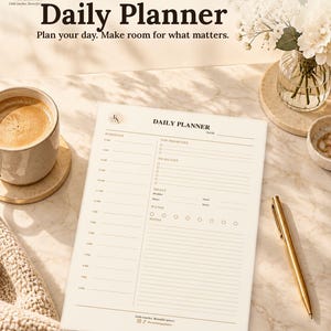 May include: A daily planner printable PDF with sections for schedule, top priorities, to-do list, meals, water intake, and notes. The page features the text Daily Planner, Plan your day. Make room for what matters, and US LETTER + A4.