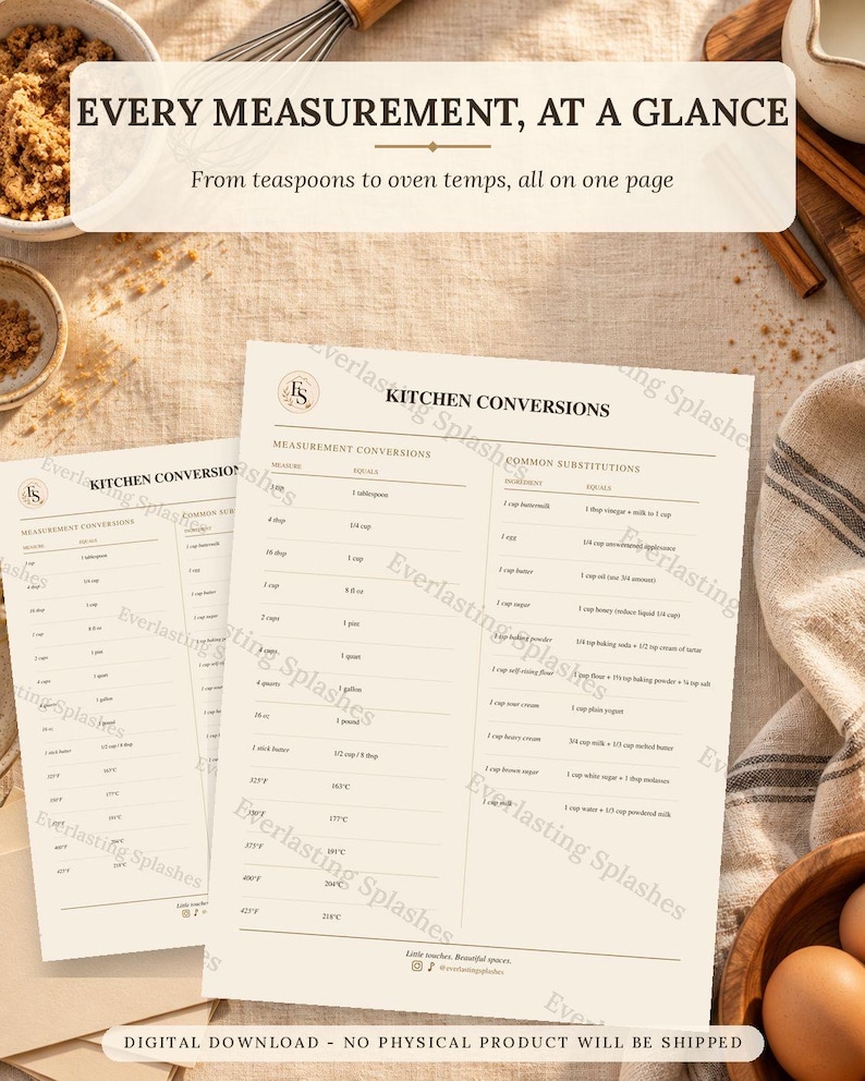 Kitchen Conversion Chart Printable, Cooking Measurement Guide Baking ...