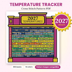 Pode incluir: Um padrão de ponto cruz em PDF intitulado TEMPERATURE TRACKER 2027 TEMPERATURES com um design de estante com 365 livros em 14 cores. O gráfico inclui um emblema de estrela amarela com o texto 2027 365 DAYS e uma lista vertical de meses.