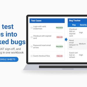 Könnte beinhalten: Ein Laptop-Bildschirm zeigt eine Software-Oberfläche mit einer Liste von Testfällen und einer Bug-Tracker-Tabelle. Der Text lautet: Turn test cases into tracked bugs. Test plan, UAT sign-off, and bug tracking in one workbook. EXCEL + GOOGLE SHEETS.