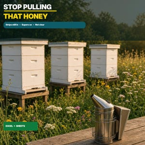 May include: A metal bee smoker sits on a wooden surface in front of three white wooden beehives. Text on the image reads: STOP PULLING THAT HONEY, Strips still in, Supers on, Not clear, and EXCEL + SHEETS. The hives are elevated on wooden stands.