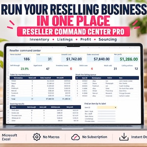 Könnte beinhalten: Ein Laptop-Bildschirm zeigt die Reseller Command Center Pro Tabellenkalkulation mit Datentabellen zur Verfolgung von Inventar, Verkäufen und Gewinnen. Die Benutzeroberfläche enthält Spalten für Marktplatz-Performance, Listing-Warteschlangen und Sourcing-Ergebnisse.