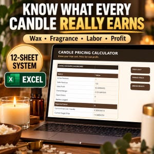 Puede incluir: Una pantalla de portátil que muestra una hoja de cálculo Candle Pricing Calculator con columnas de métricas y valores, incluyendo datos de productos activos, ingresos y márgenes. El texto dice Know What Every Candle Really Earns.