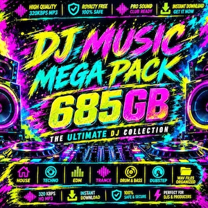May include: A digital graphic featuring the text DJ MUSIC MEGA PACK 685GB THE ULTIMATE DJ COLLECTION. The design includes vibrant neon paint splatters in pink, yellow, and blue, with illustrations of DJ turntables, speakers, and genre icons.
