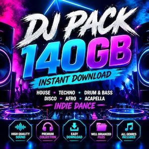 May include: A digital DJ pack advertisement featuring the text DJ PACK 140GB INSTANT DOWNLOAD with music genres listed including House, Techno, Drum & Bass, Disco, Afro, Acapella, and Indie Dance, set against a background of speakers and turntables.