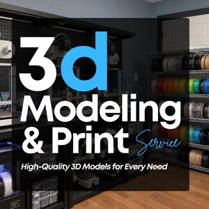 May include: A 3D printing workspace featuring multiple 3D printers on black shelving units and a metal rack filled with various colored filament spools. The text reads 3d Modeling & Print Service and High-Quality 3D Models for Every Need.
