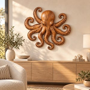 May include: A wall-mounted octopus sculpture crafted with a warm, medium-brown wood grain finish. The octopus features a central head with two prominent eyes and eight radiating, curled tentacles, each detailed with visible suction cup patterns.