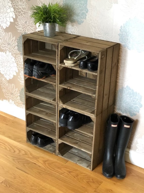 Rustic Handmade Crate Shoe Rack and Bench. Easy to Fix Together, No  Drilling. Excellent Quality Sturdy Shoe Storage. Dark Brown. 