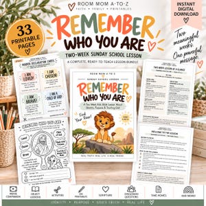 May include: A digital Sunday school lesson bundle titled Remember Who You Are, featuring 33 printable pages for children aged 5 to 12. The set includes mirror declaration cards, a lesson overview, and activity sheets with a lion illustration.