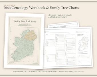 Irish Genealogy Bundle: Tracing Your Irish Roots Workbook and Family Tree Charts (Digital Download)