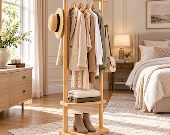Solid Wood Coat Rack Freestanding with Shelves & Hooks, Freestanding Clothes Stand, Entryway Garment Organizer