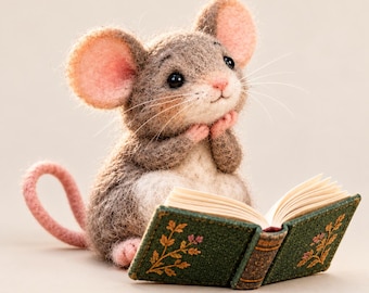 May include: A needle-felted gray and white mouse figurine with large pink-lined ears and black eyes, resting its paws under its chin while looking at an open miniature green book featuring gold floral embroidery on the cover.