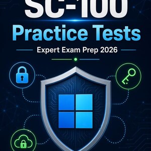 May include: A digital graphic for Microsoft SC-100 Practice Tests Expert Exam Prep 2026. The design features a central silver shield with a blue four-pane window logo, surrounded by glowing icons of a padlock, a key, and a cloud with a lock.