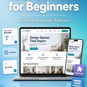 May include: A digital graphic titled WordPress for Beginners Build Professional Websites featuring a laptop and smartphone displaying a website design, with icons for drag and drop builder, elements, sections, Elementor, and WooCommerce on a blue background.