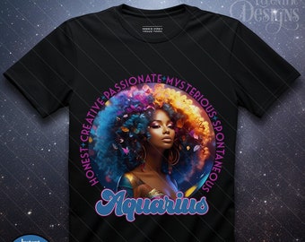 Digital Astrology Zodiac Woman Iron on Transfer Tshirt | Aquarius | Shirt Tee | PNG | Clipart | African American | Women Birthday Horoscope