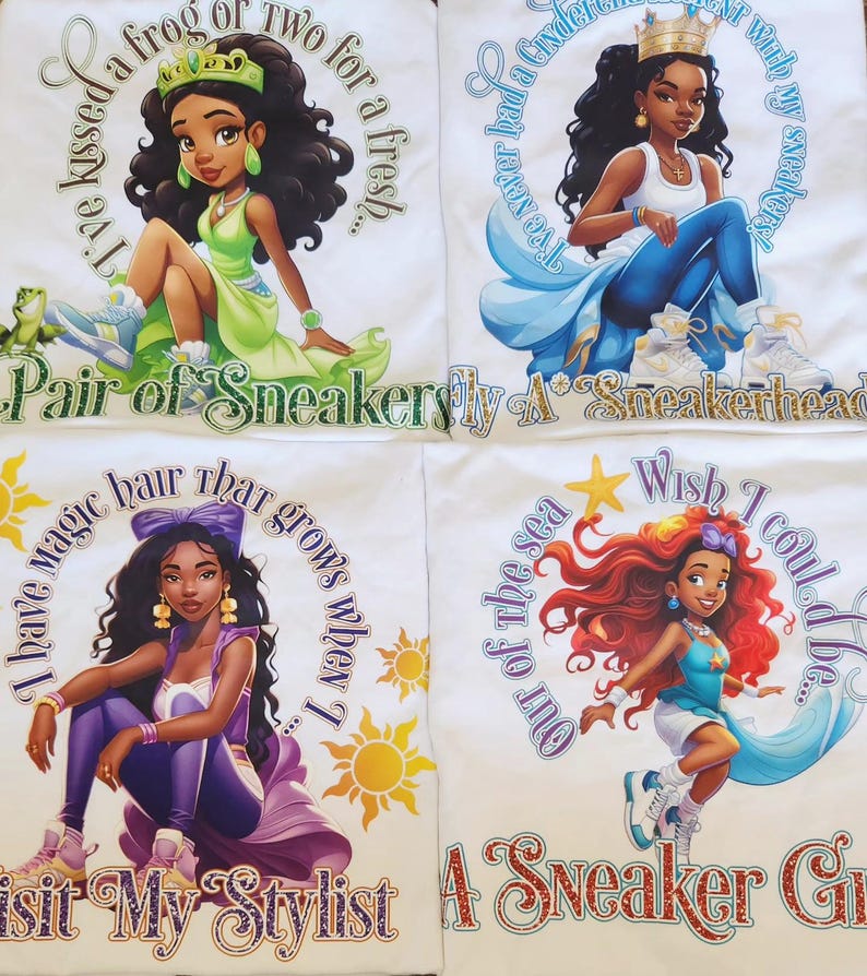 May include: Four white t-shirts with colorful graphics of Disney princesses wearing sneakers and text. The text on the shirts includes quotes from the princesses, such as "I have magic hair that grows when I wish" and "The never had a Cinderella with my sneakers!"