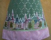 Embroidery appliqué skirt Amsterdam Skyline, A-line skirt, vintage cotton brocade, upholstery fabric, green pink, size Small