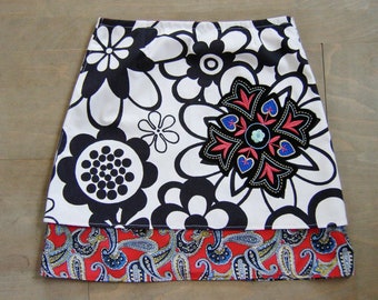 Floral A-Line Skirt: IKEA Cotton, Upcycled Embroidery, Paisley Lining, Extra Small