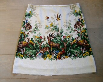 Vintage 50s Tablecloth Skirt: Lined A-Line, Deer & Boar Print, Size Large