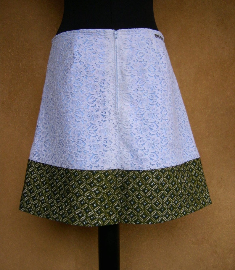 size Small appliqu\u00e9 lined recycled light blue green lace and cotton A-line skirt Skirt with Clover Fairy embroidery,Cicely Mary Barker