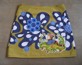 Embroidered A-Line Skirt: Hümmel Vintage Table Runner, Wax Print Appliqués, Size Medium
