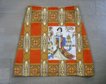 Cotton A-Line Skirt: Geisha Embroidery Appliqué, Ochre Orange, Medium