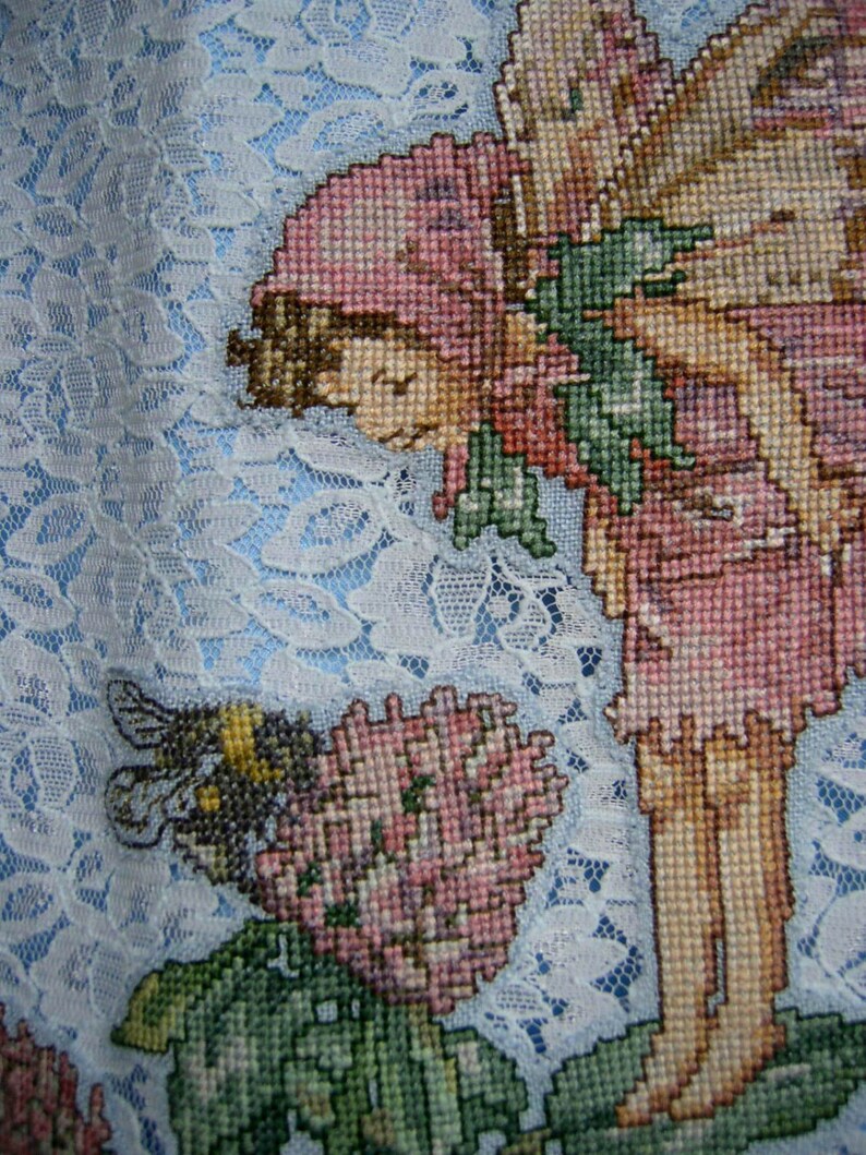 size Small appliqu\u00e9 lined recycled light blue green lace and cotton A-line skirt Skirt with Clover Fairy embroidery,Cicely Mary Barker