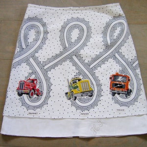 Skirt with embroidered trucks appliques, A-line embroidery skirt, lined with damask, upcycled IKEA duvet cover, black white, size Large