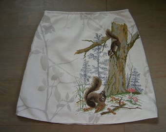 Embroidered Squirrel Skirt: Upcycled A-Line, Size Small