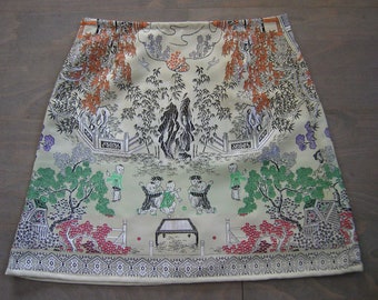 Skirt Happy Childhood in China, lined A-line skirt, playing children skirt, pale gold Chinese brocade, red green orange black, size Small