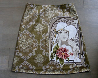 Embroidered Cotton Chintz A-Line Skirt: Beige Bronze Gold, Size Large