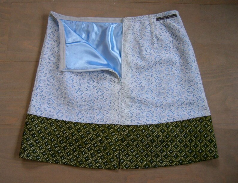 size Small appliqu\u00e9 lined recycled light blue green lace and cotton A-line skirt Skirt with Clover Fairy embroidery,Cicely Mary Barker