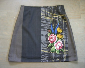 Cotton A-Line Skirt: Vintage Floral Embroidery Appliqué, Brown Gold, Medium
