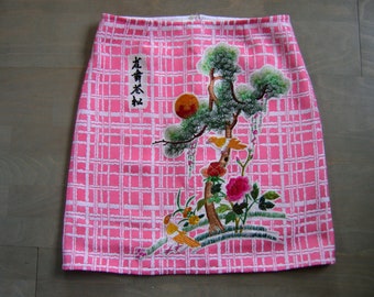 Embroidered Silk Bird Skirt: Vintage Fabric Appliqué, Size Medium