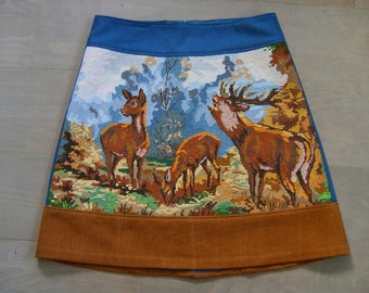 Upcycled Wool A-Line Skirt: Deer Embroidery, Size Medium