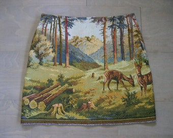 Skirt made of Deer Tapestry, cotton gobelin skirt, straight skirt, deer skirt, forest scene skirt, lined skirt, green blue brown, size Small