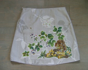 Embroidered Squirrel A-Line Skirt: Upcycled Fabric, Size Small