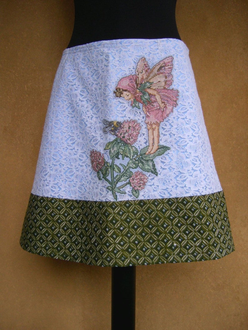 size Small appliqu\u00e9 lined recycled light blue green lace and cotton A-line skirt Skirt with Clover Fairy embroidery,Cicely Mary Barker