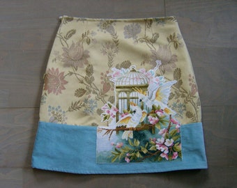 Cockatoo Embroidered Skirt: Vintage Brocade Velvet, Size Small