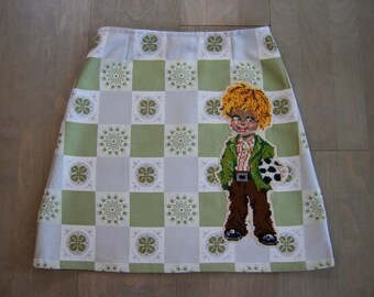 Vintage Tablecloth A-Line Skirt with Soccer Embroidery (Size Small)