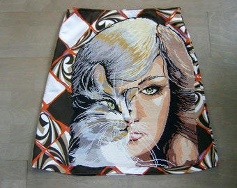 Vintage Polyester A-Line Skirt: Cat Embroidery Appliqué, Size Large