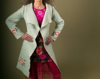 Mint Wool Coat: Upcycled Dutch Blanket, Embroidered Flowers, Size Small