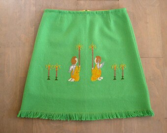 Embroidered Wool A-Line Skirt: Vintage Christmas Tablecloth, Fringed, Size Small