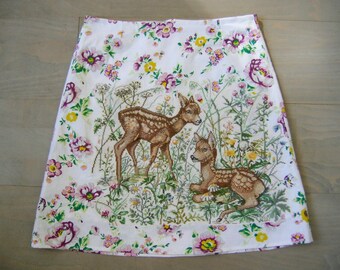 Skirt with embroidery of Two young Deer, fawns needlework A-line skirt, recycled tablecloth skirt, lined skirt, white pink green, size Small