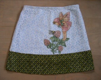 Skirt with Clover Fairy embroidery appliqué, Cicely Barker skirt, lace and cotton skirt,  lined A-line skirt,  light blue green, size Small