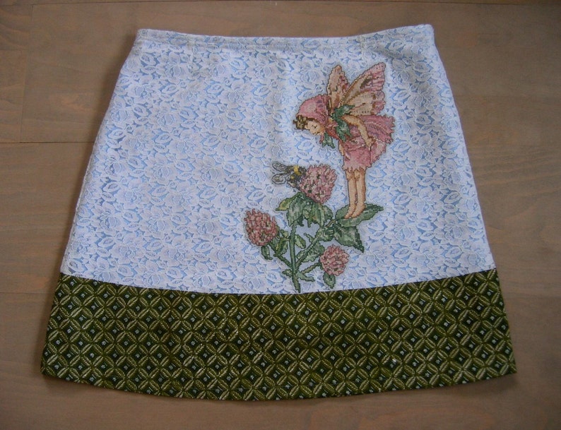 size Small appliqu\u00e9 lined recycled light blue green lace and cotton A-line skirt Skirt with Clover Fairy embroidery,Cicely Mary Barker
