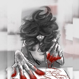 May include: A black and white digital illustration of a figure with voluminous dark hair drawing on a white sheet of paper. The figure's fingers and the pencil are stained with bright red pigment, which trails across the paper in thin lines.