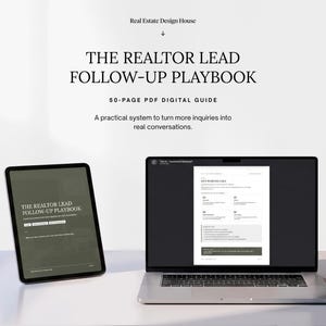 May include: A 50-page PDF digital guide titled The Realtor Lead Follow-Up Playbook displayed on a tablet and a laptop screen, with additional pages shown on the right, featuring text about turning inquiries into real conversations.