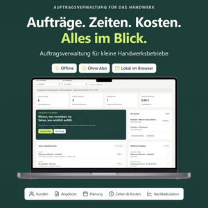 Könnte beinhalten: Ein Laptop-Bildschirm mit der werkelio-Softwareoberfläche zur Auftragsverwaltung für Handwerksbetriebe. Das Dashboard zeigt Kennzahlen zu Aufträgen, Zeiten und Kosten. Der Text umfasst 'Aufträge. Zeiten. Kosten. Alles im Blick.' sowie Navigationssymbole für Kunden und Planung.