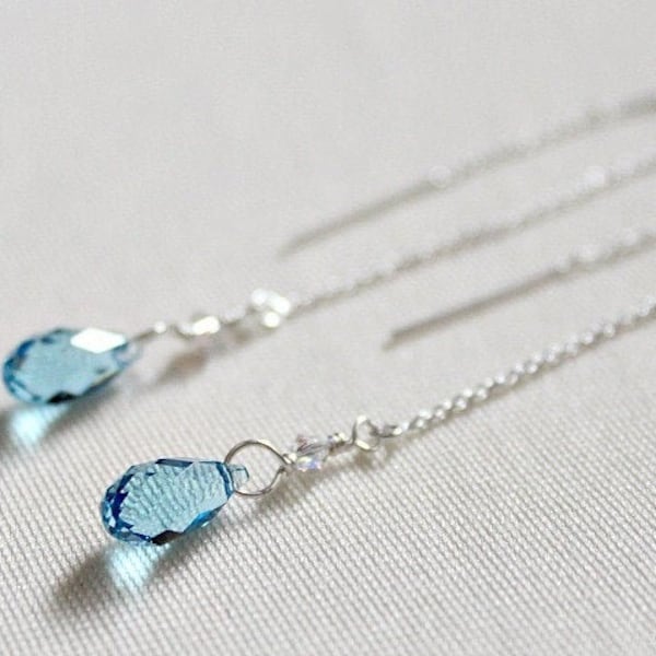 Aquamarine Swarovski Silver Threaders, Light Blue Prom Earrings, Unique Dangly Earrings, Bridesmaid Gift Earrings, Best Selling Jewelry